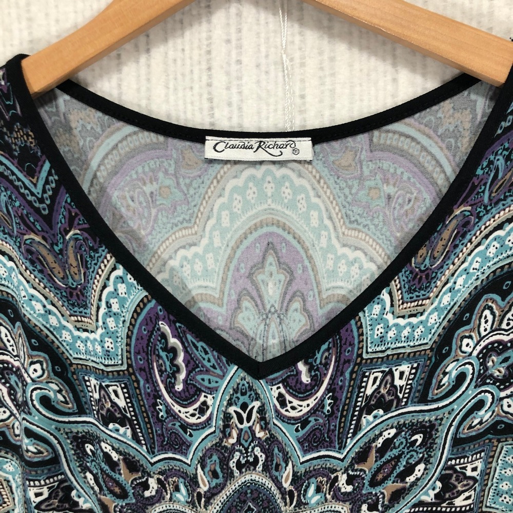 Claudia Richards Women's Butterfly‎ Sleeve V Neck Top Mandala Print Black Purple - Picture 4 of 6